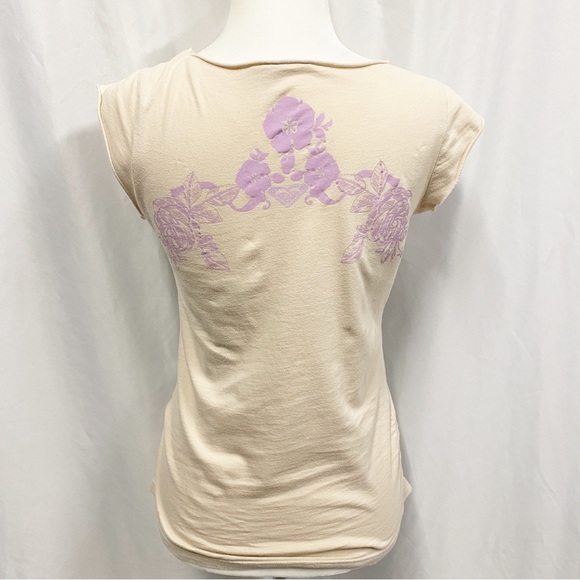 Roxy Cream Cap Sleeve V-neck Floral Print Shirt - Picture 4 of 5